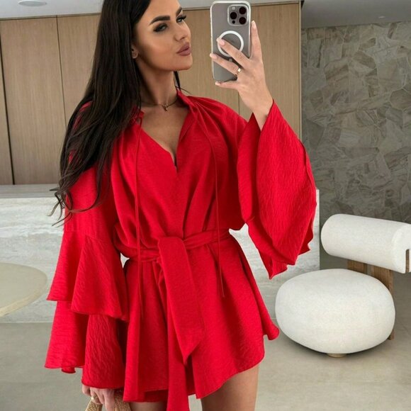 Red Glam Women's V-Neck Asymmetrical Tie-Up Long Sleeve Loose Mini Dress - Picture 1 of 8